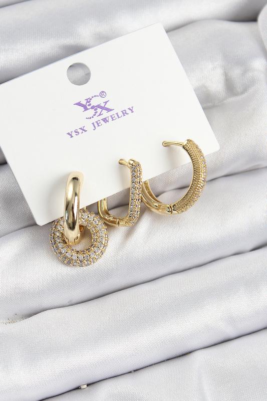 Pirinç Zİrkon Taşlı Halka Model Gold Renk 3’lü Kadın Küpe