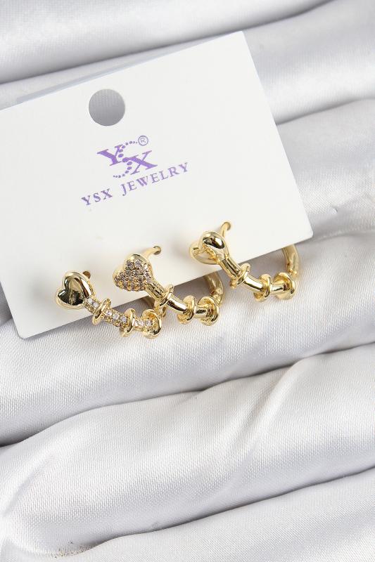Pirinç Zİrkon Taşlı Kalp Model Gold Renk 3’lü Kadın Küpe