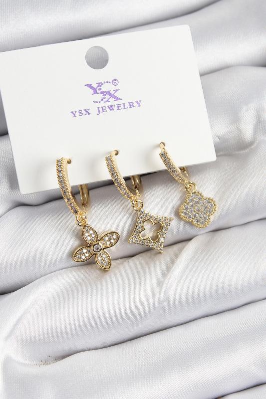 Pirinç Zİrkon Taşlı Yonca Model Gold Renk 3’lü Kadın Küpe