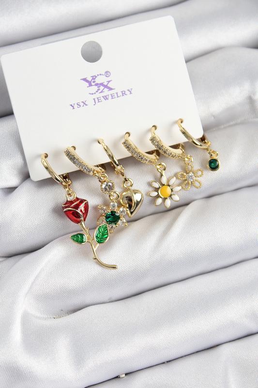 Pirinç Zİrkon Taşlı Gül Ve Papatya Model Gold Renk 3’lü Çift Kadın Küpe