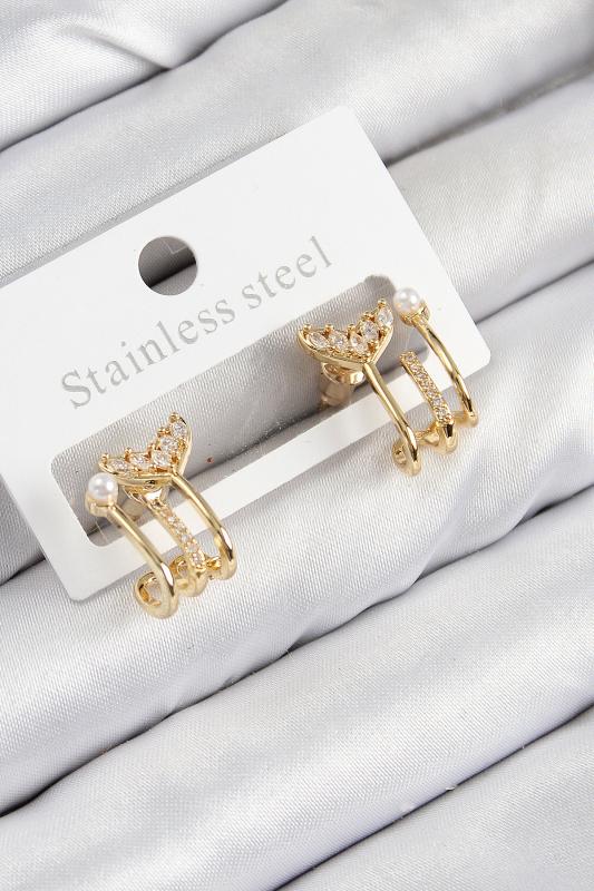 Pirinç Zirkon Taşlı İnci Detaylı Balık Kuyruğu Model Gold Renk Kadın Küpe