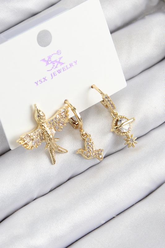 Pirinç Zirkon Taşlı 3’lü Kuş Model Gold Renk Kadın Küpe