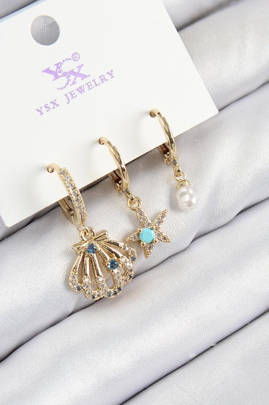Pirinç Zirkon Taşlı 3’lü İstiridye Ve Yıldız Model Gold Renk Kadın Küpe