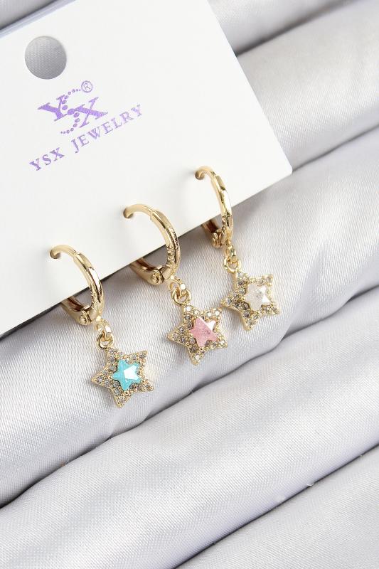 Pirinç Zirkon Taşlı 3’lü Renkli Yıldız Model Gold Renk Kadın Küpe