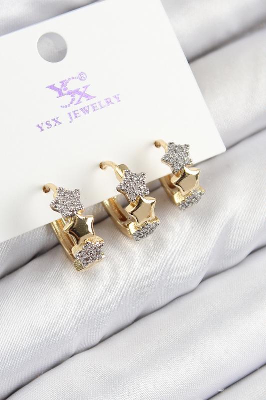 Pirinç Zirkon Taşlı 3’lü Halka Yıldız Model Gold Ve Gümüş Renk Kadın Küpe