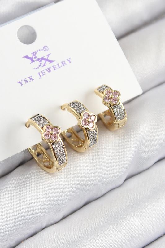 Pirinç Zirkon Taşlı 3’lü Halka Yonca Model Gold Ve Gümüş Renk Kadın Küpe