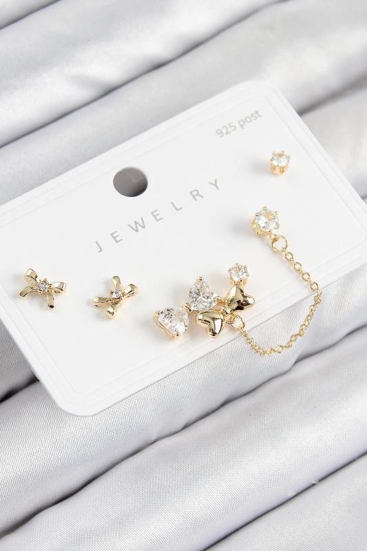 Pirinç Zirkon Taşlı Fiyonk Model Gold Renk 925 Ayar Gümüş Çivi Kadın Küpe Set