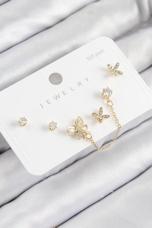 Pirinç Zirkon Taşlı Kelebek Model Gold Renk 925 Ayar Gümüş Çivi Kadın Küpe Set