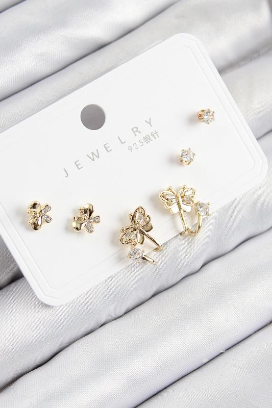 Pirinç Zirkon Taşlı Kelebek Model Gold Renk 925 Ayar Gümüş Çivi Kadın Küpe Set