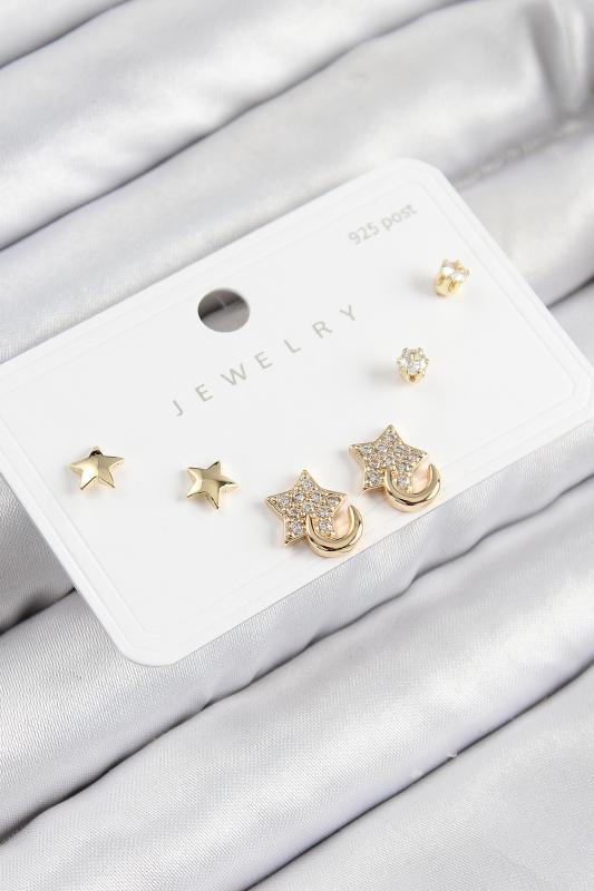 Pirinç Zirkon Taşlı Yıldız Model Gold Renk 925 Ayar Gümüş Çivi Kadın Küpe Set