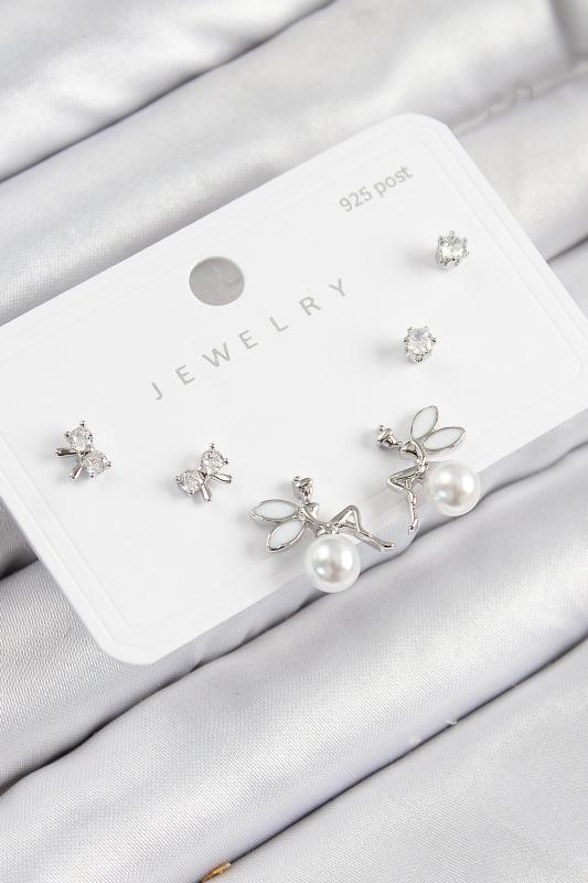 Pirinç Zirkon Taşlı İnci Melek Model Gümüş Renk 925 Ayar Gümüş Çivi Kadın Küpe Set