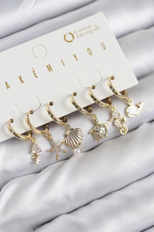 Pirinç Zirkon Taşlı İstiridye Balina Ve Yıldız Gold Renk 6’lı Küpe Set