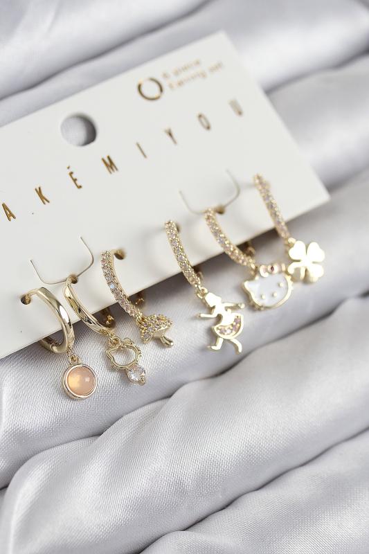 Pirinç Zirkon Taşlı Hello Kity Ve Yonca Model Gold Renk 6’lı Küpe Set