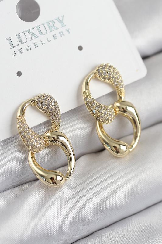 Pirinç Zirkon Taşlı Zincir Model Gold Renk Kadın Küpe