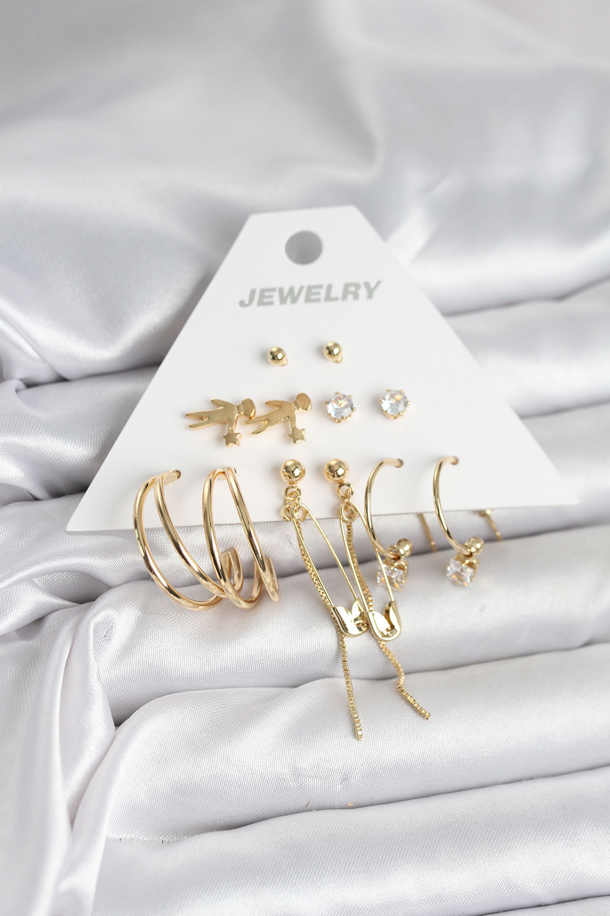 Pirinç Gold Renk 6 Çiftli Kadın Küpe Seti