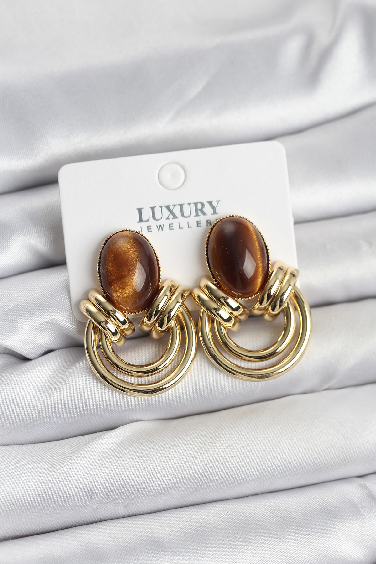 Pirinç Gold Renk Kahverengi Taşlı Vintage Kadın Küpe