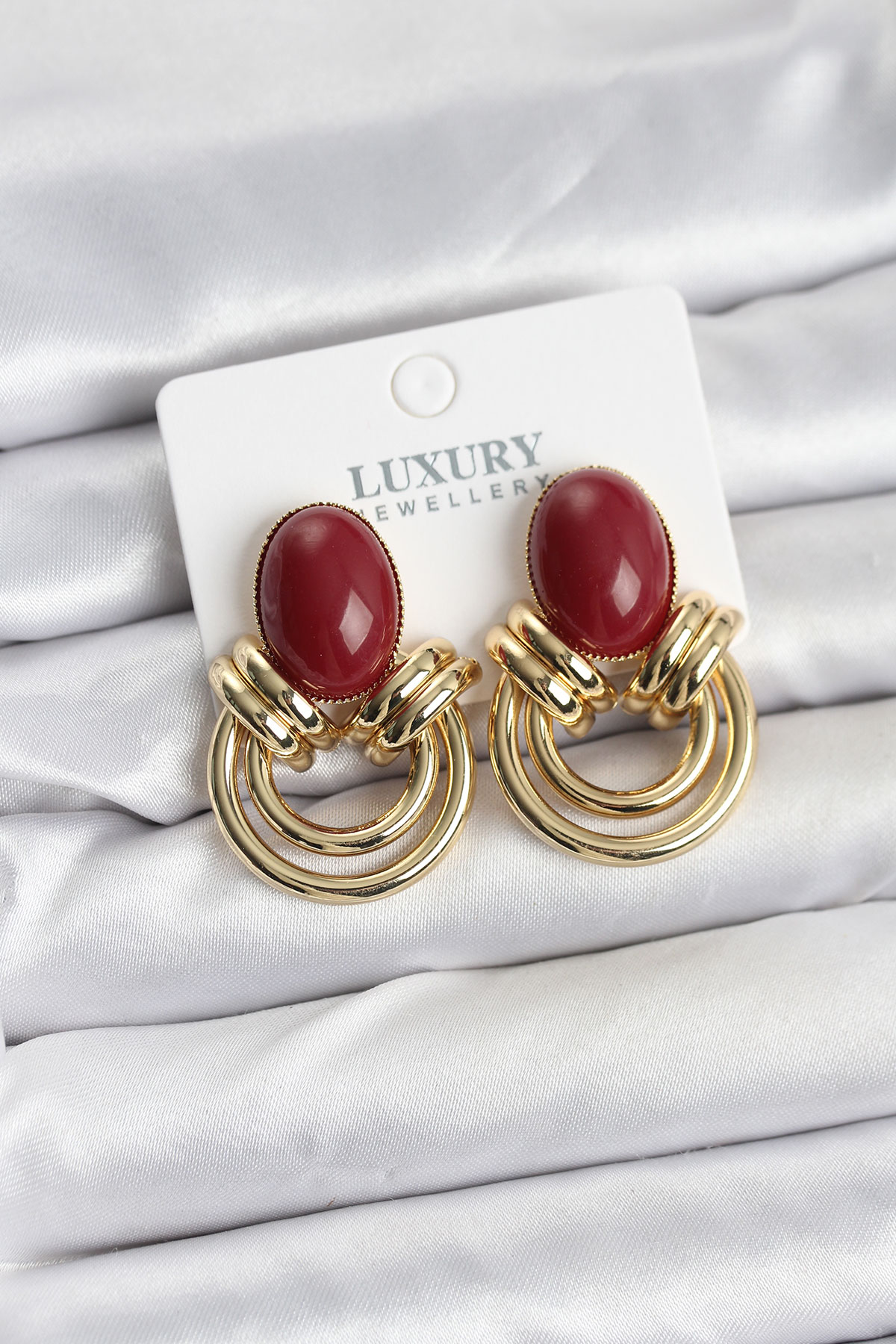 Pirinç Gold Renk Bordo Taşlı Vintage Kadın Küpe