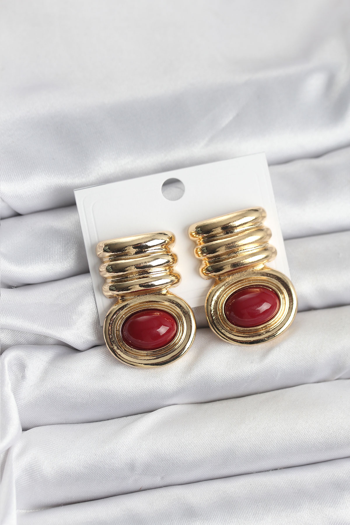 Pirinç Gold Bordo Renk Vintage Kadın Küpe