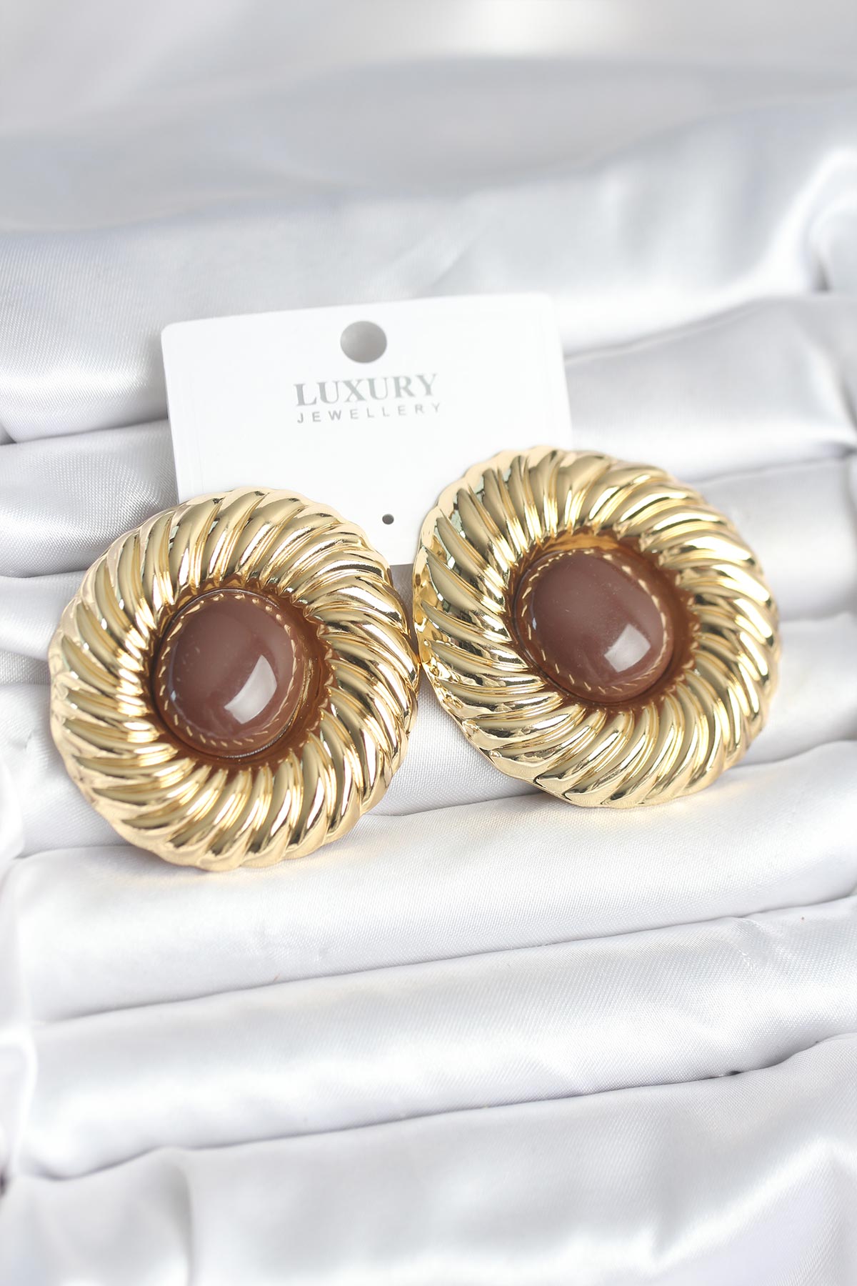 Pirinç Gold Renk Kahverengi Boncuklu Vintage Kadın Küpe