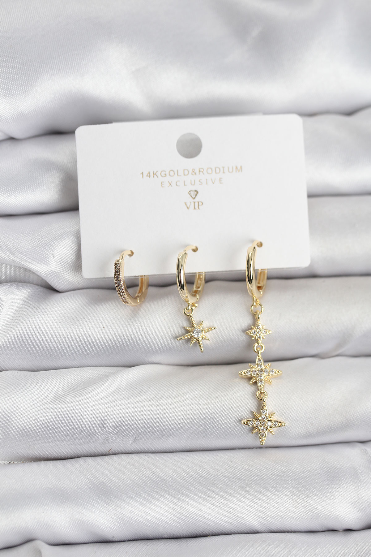 Kutup Yıldızı Model Gold Renk Pirinç 3’lü Kadın Küpe Seti