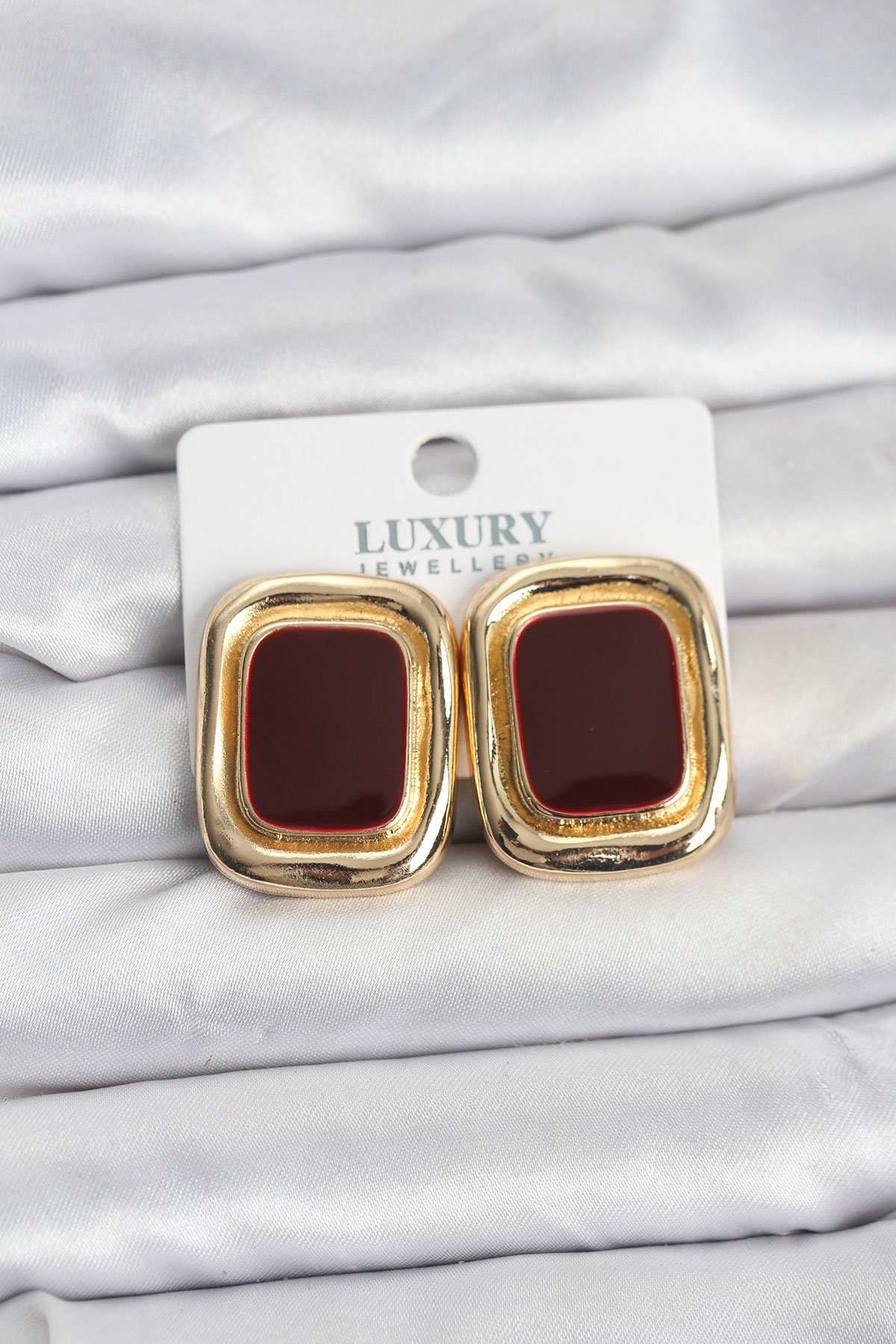 Bordo Mineli Kare Gold Renk Vintage Kadın Küpe