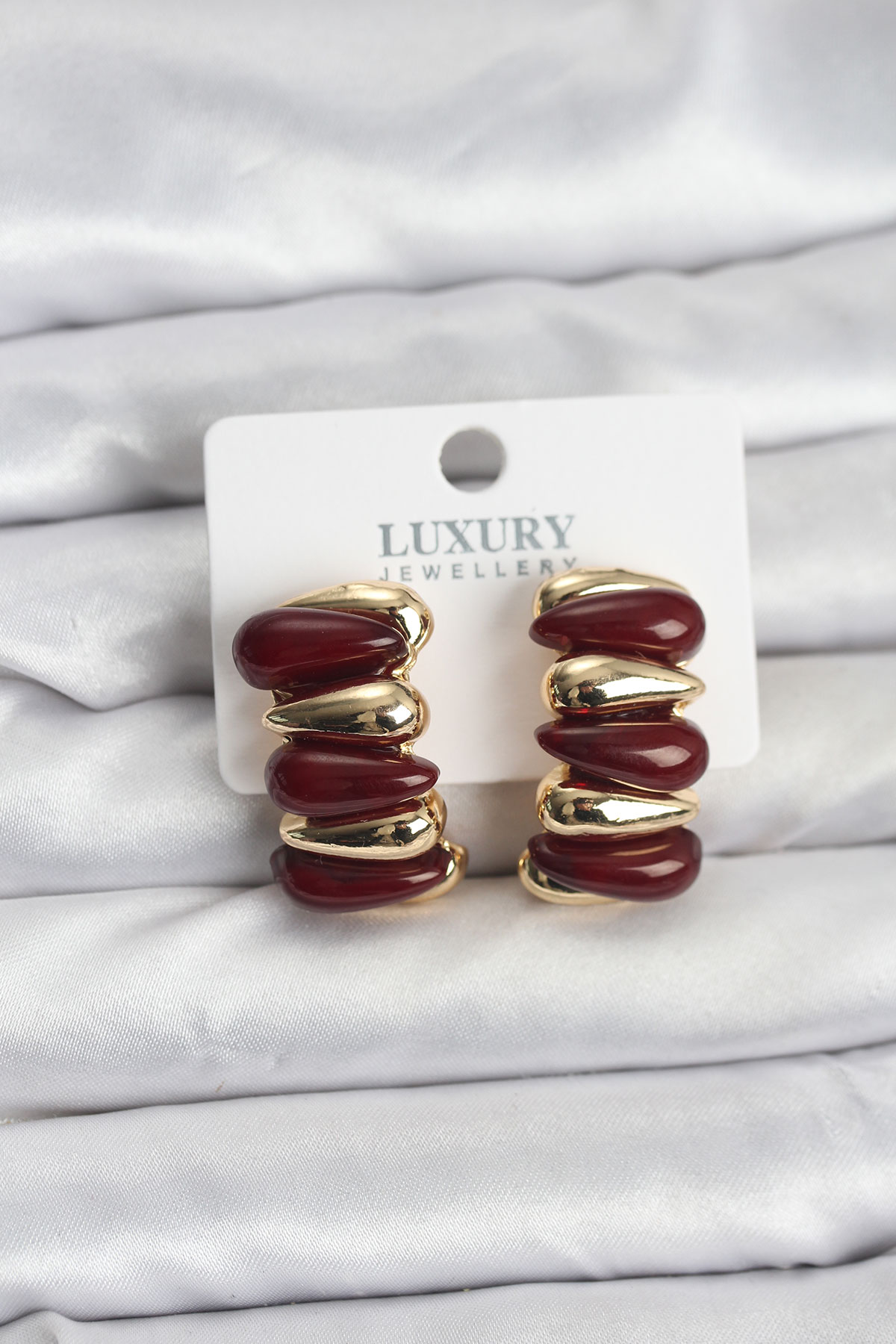 Bordo Renk Pirinç Vintage Kadın Küpe