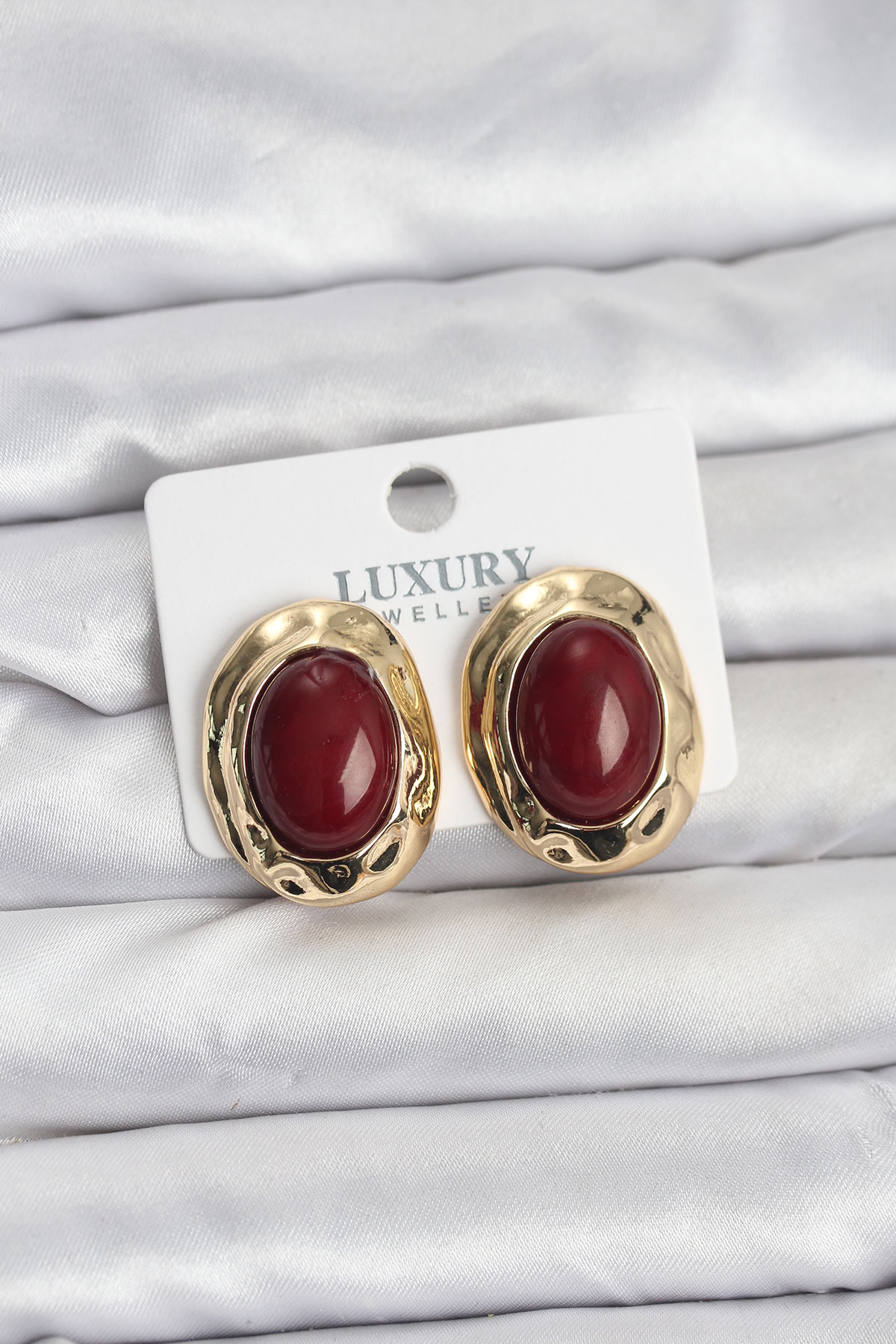 Bordo Renk Oval Vintage Pirinç Kadın Küpe