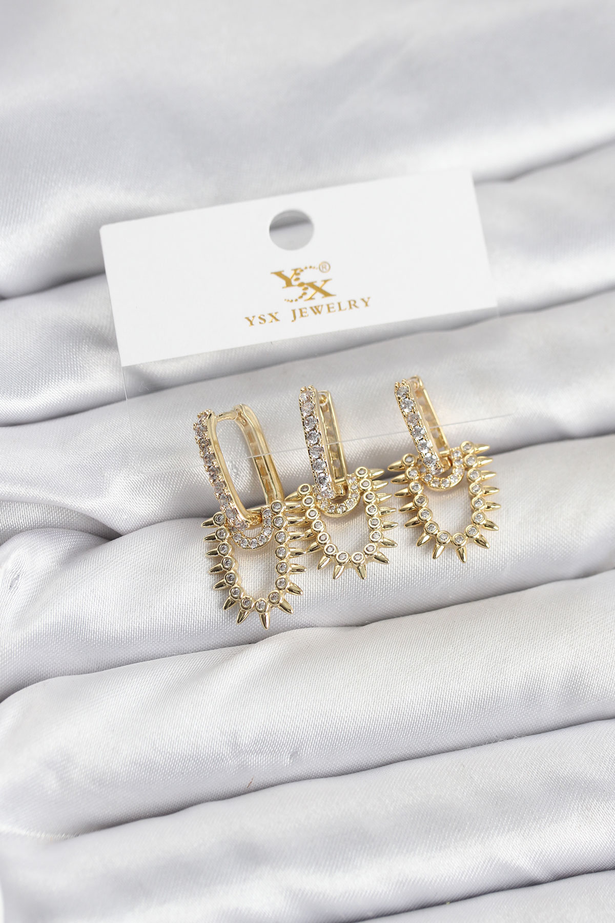 Pirinç Gold Renk Zirkon Taşlı Vintage Model YSX Trio Küpe Seti