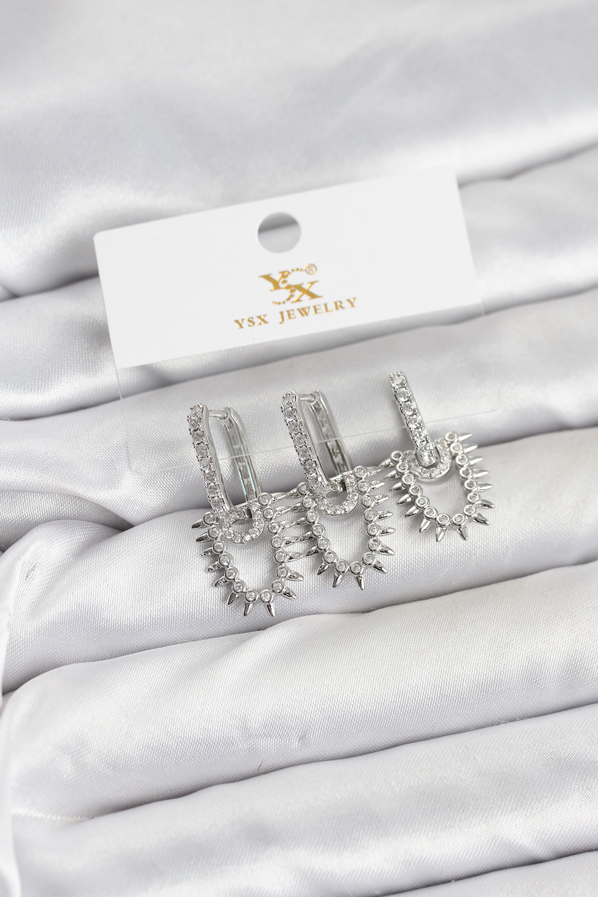 Pirinç Gümüş Renk Zirkon Taşlı Vintage Model YSX Trio Küpe Seti