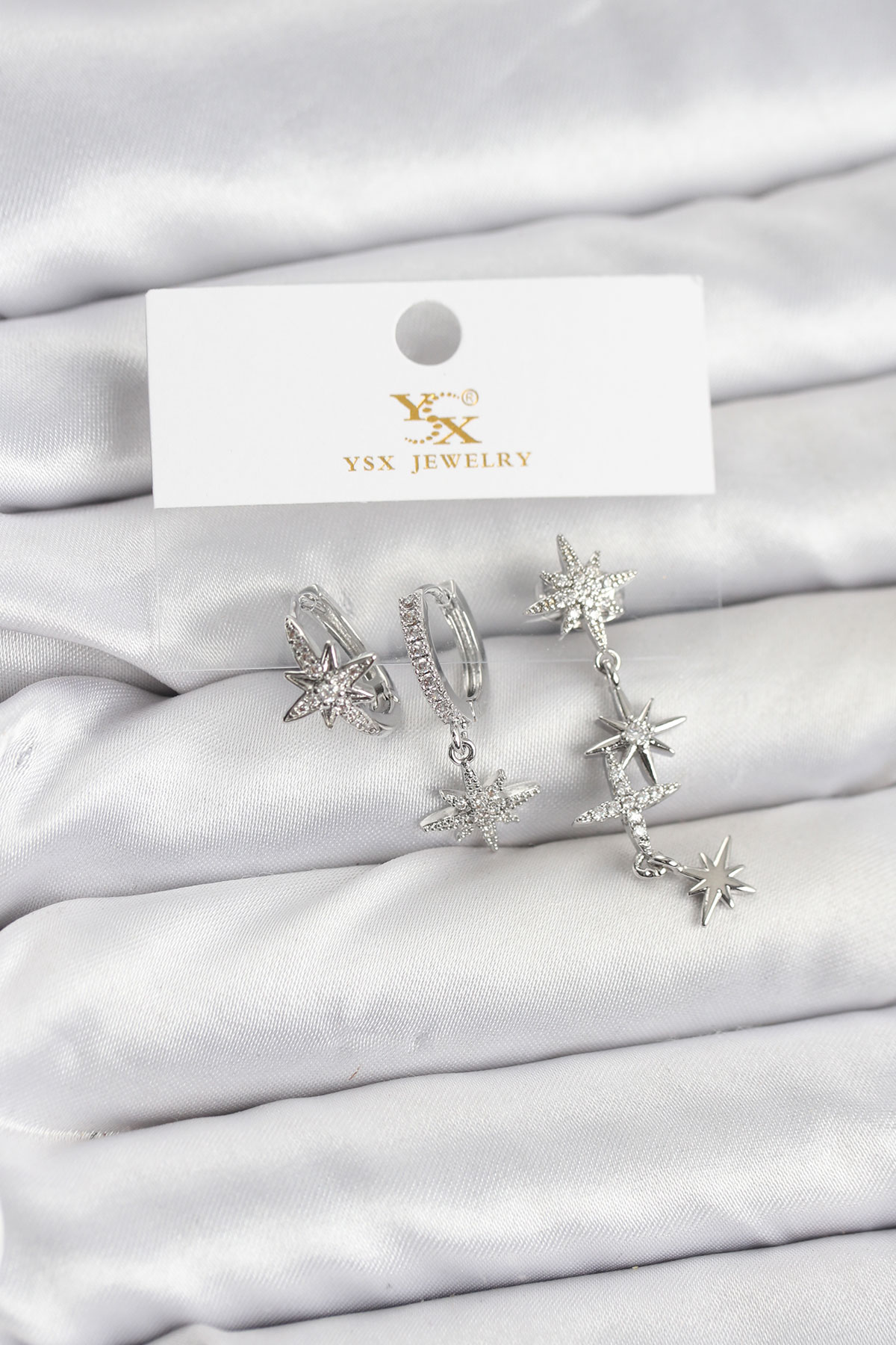 Pirinç Gümüş Renk Zirkon Taşlı Kutup Yıldızı Model YSX Trio Küpe Seti