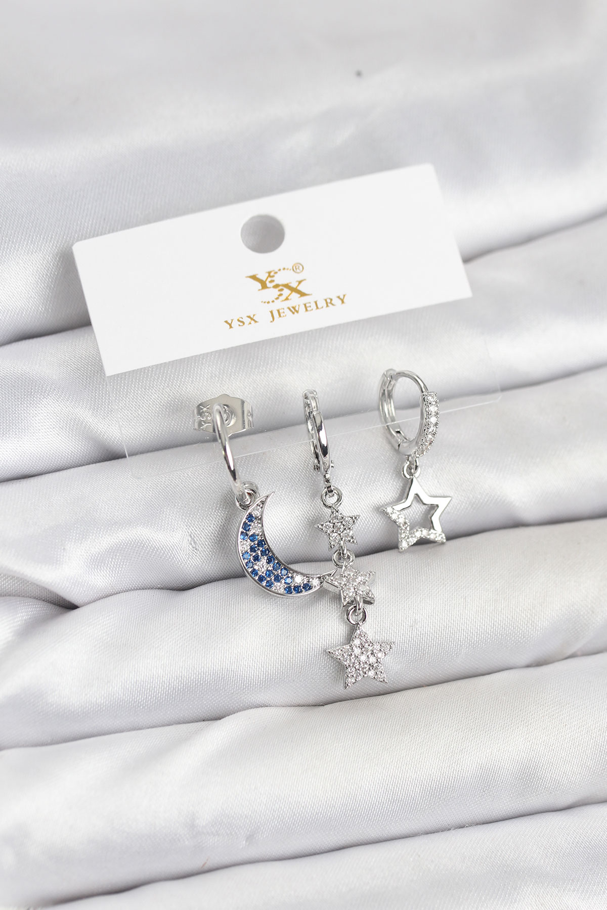 Pirinç Gümüş Renk Zirkon Taşlı Ay ve Yıldız Model YSX Trio Küpe Seti