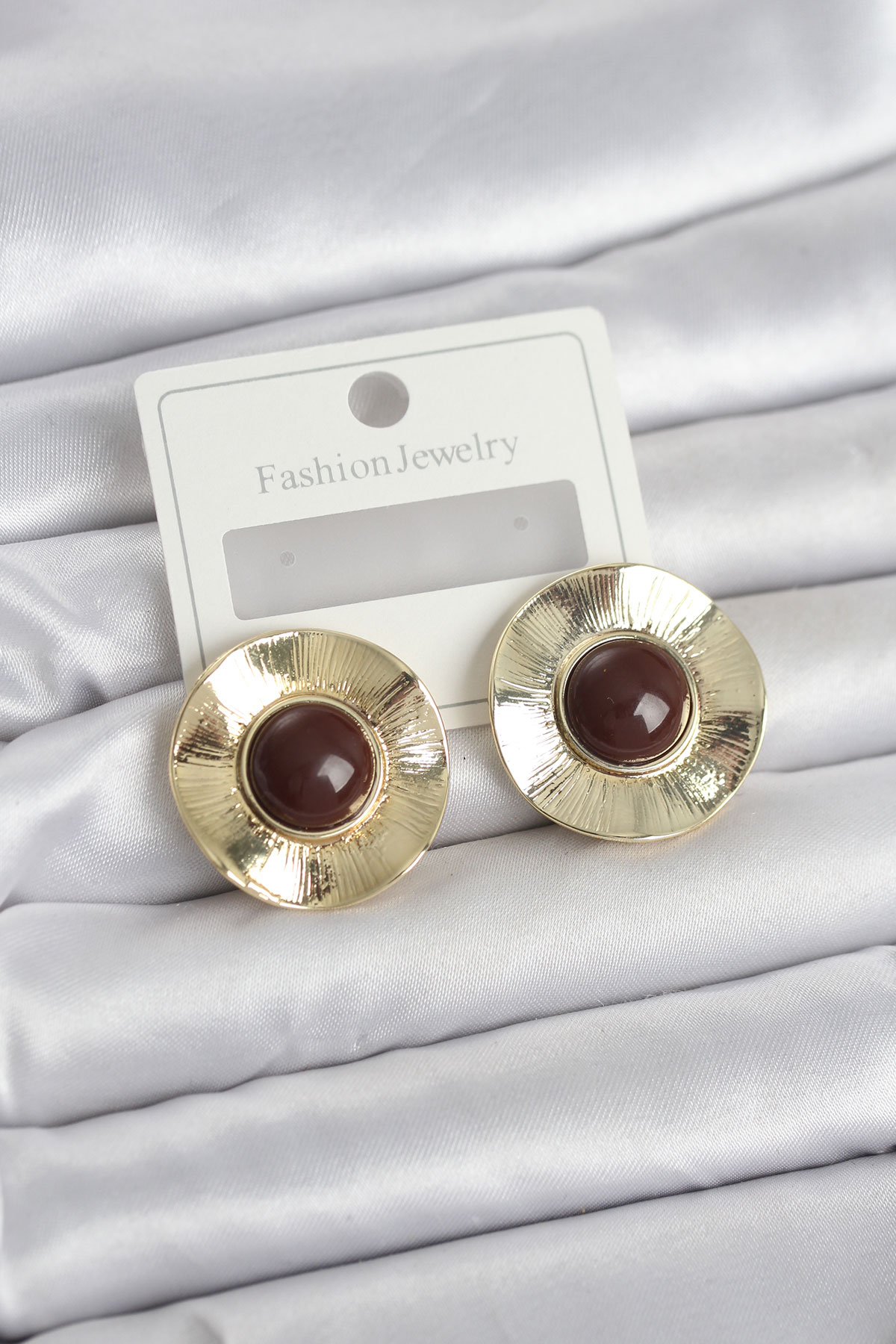 Vintage Model Kahverengi Gold Renk Pirinç Kadın Küpe