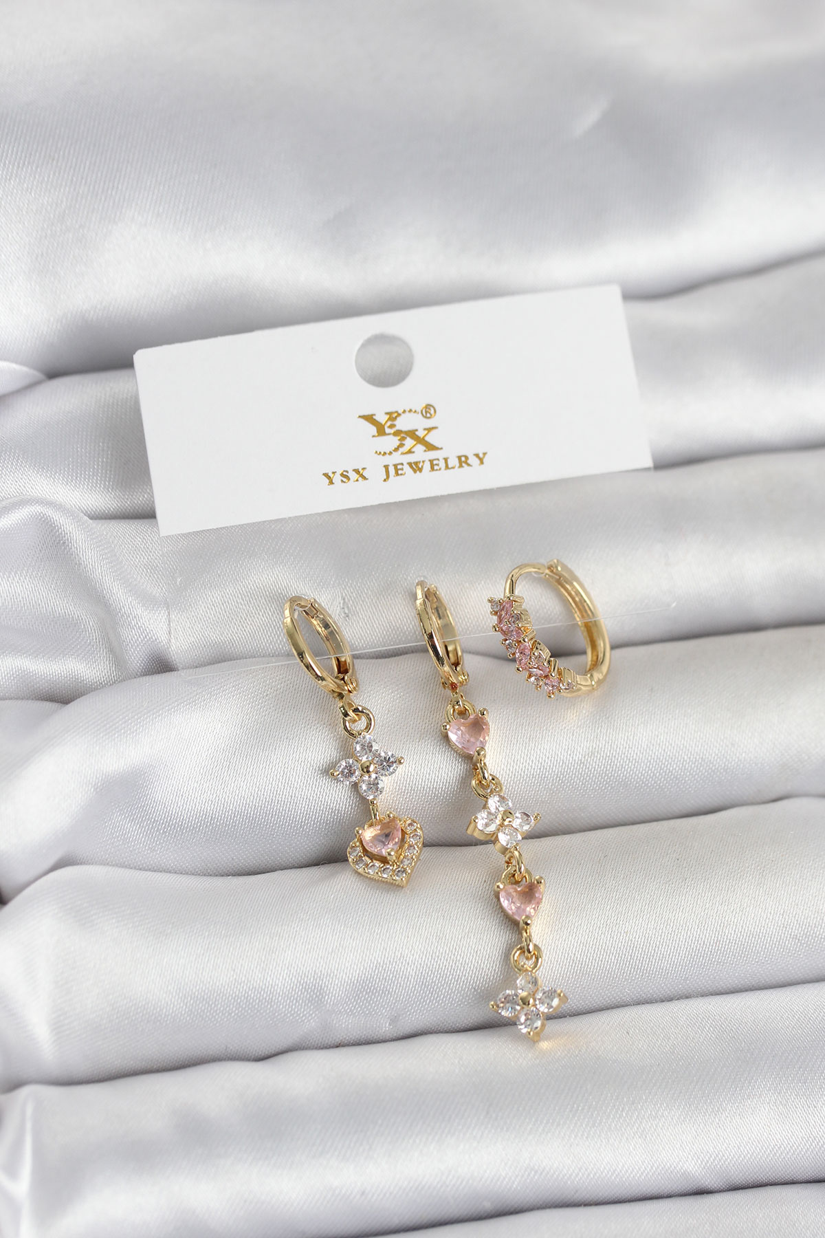 Pirinç Gold Renk Pembe Zirkon Taşlı 3’lü Kadın Küpe