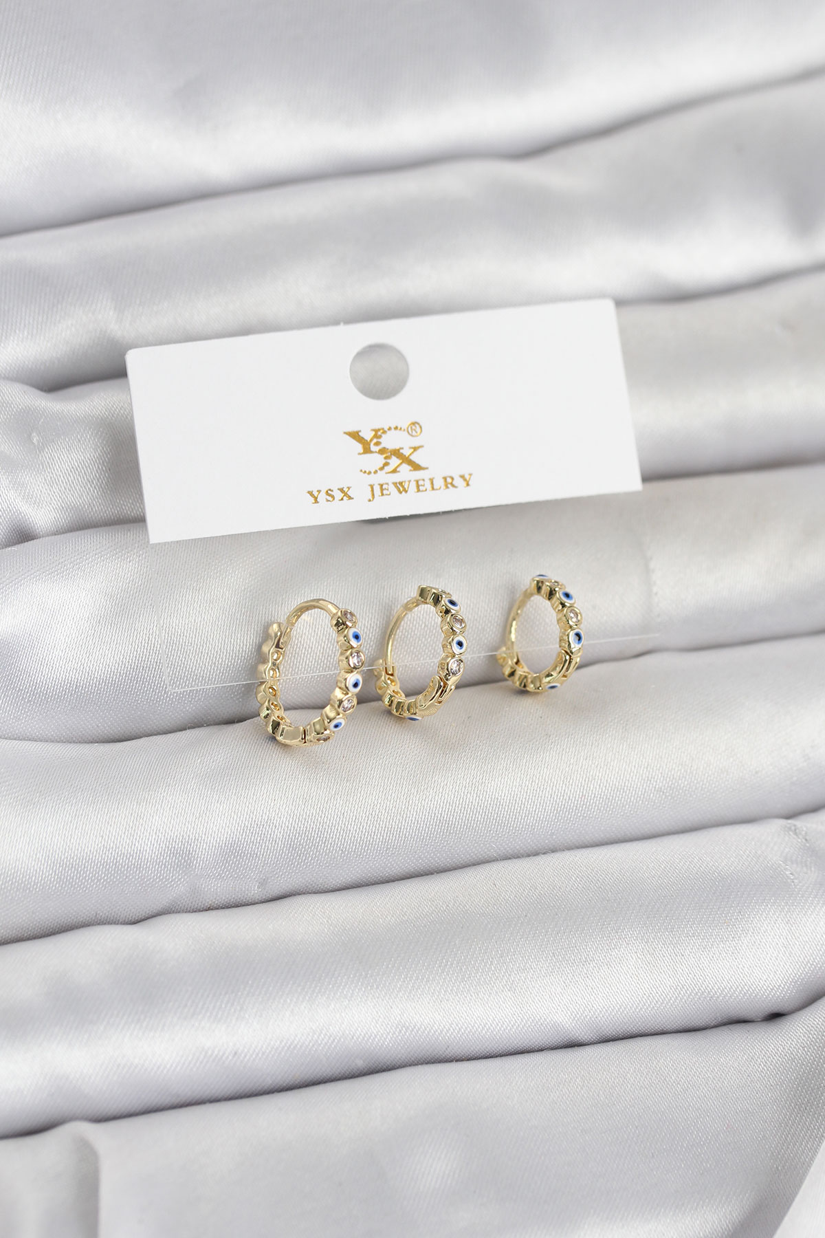Pirinç Gold Renk Nazarlı Model 3’lü Kadın Küpe