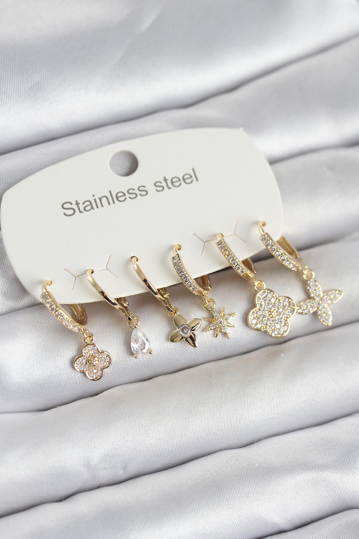 316L Çelik Gold Renk 6’lı Set Yonca Model Kadın Küpe