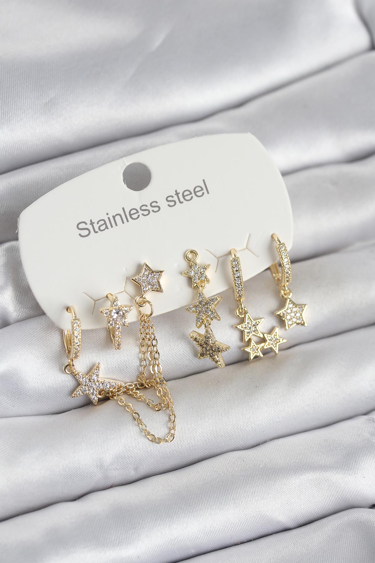 316L Çelik Gold Renk 6’lı Set Zincirli Yıldız Modelli Kadın Küpe