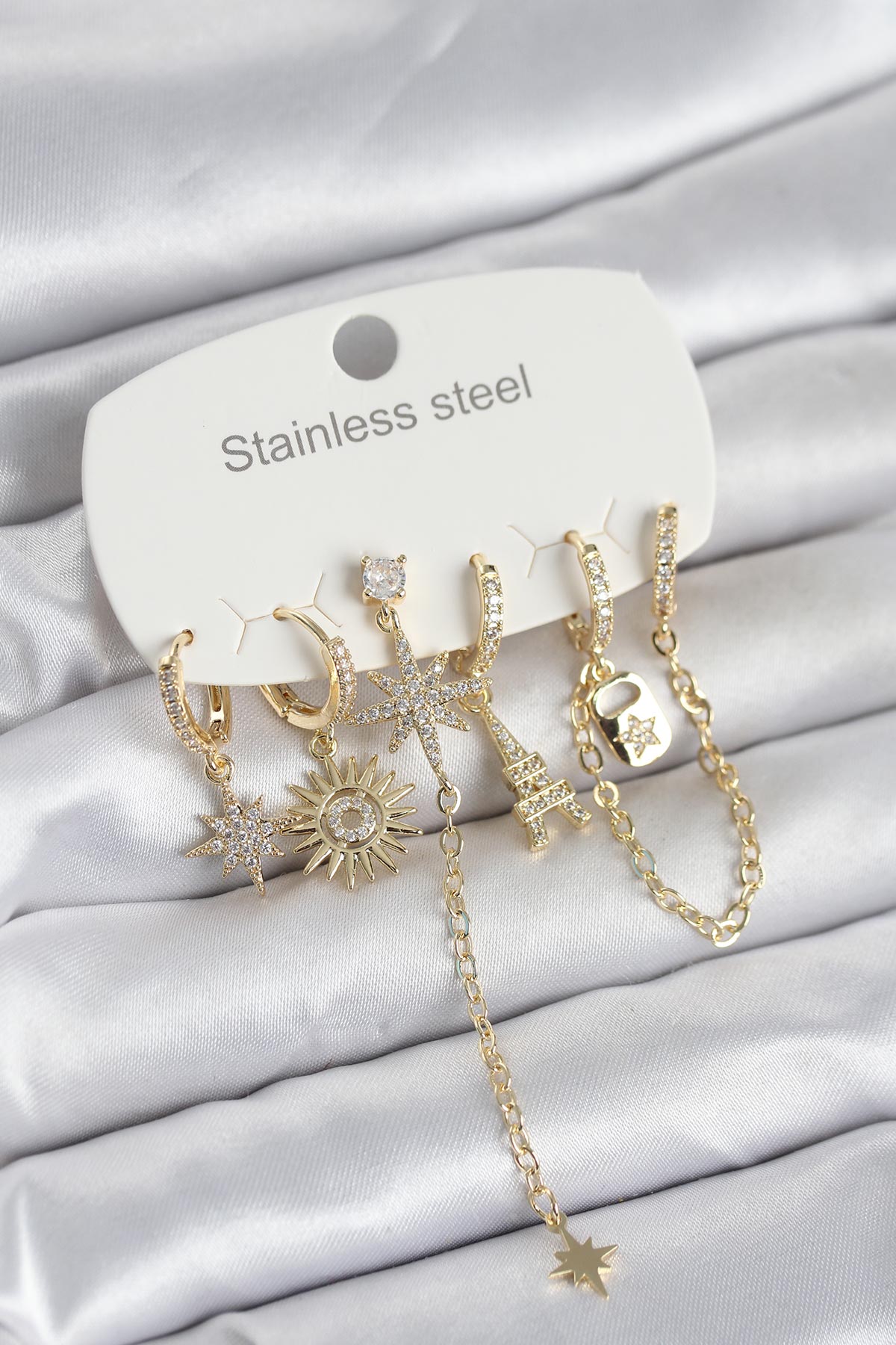 316L Çelik Gold Renk 6’lı Set Charmlı Kadın Küpe