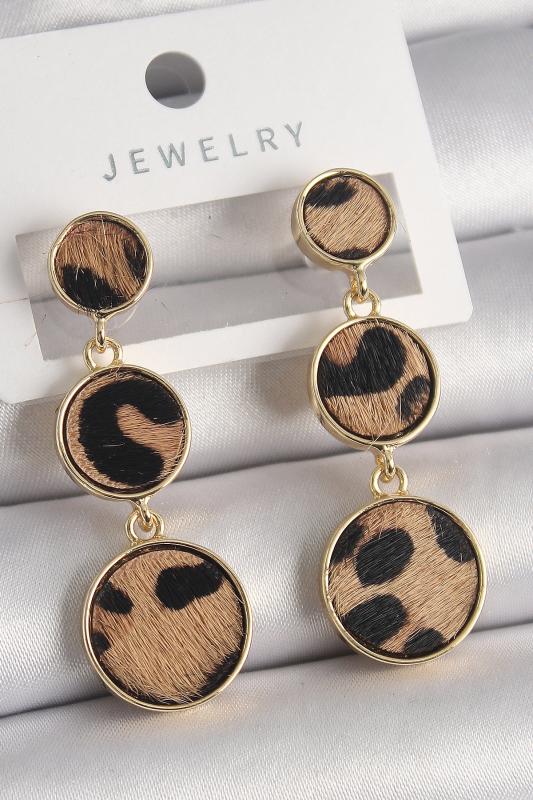 Pirinç Gold Renk 3’Lü Leopar Desenli Sallantı Daire Plaka Model Kadın Küpe