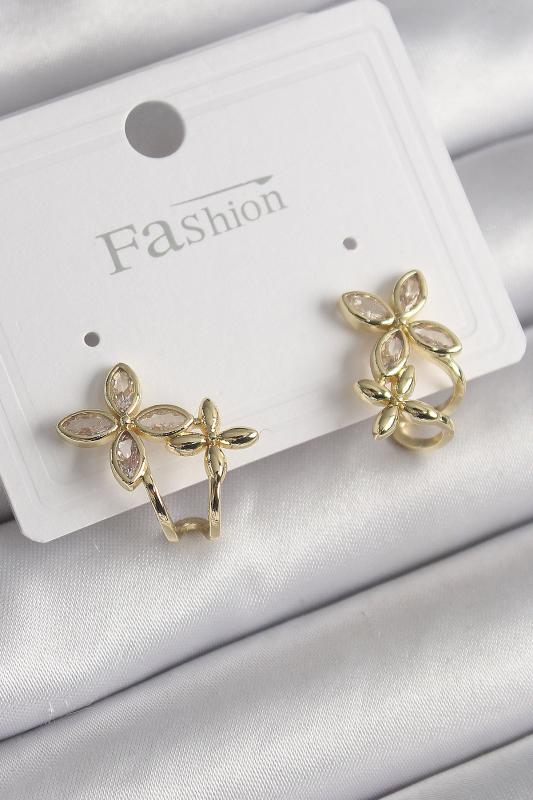 Pirinç Gold Renk Zirkon Taşlı 2’Li Çiçek Model Kadın Küpe