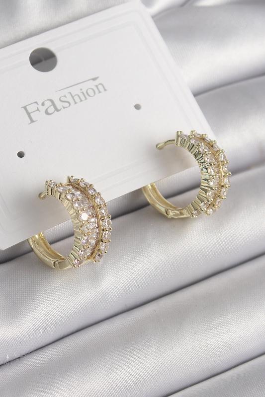 Pirinç Gold Renk Zirkon Taşlı Halka Model Kadın Küpe