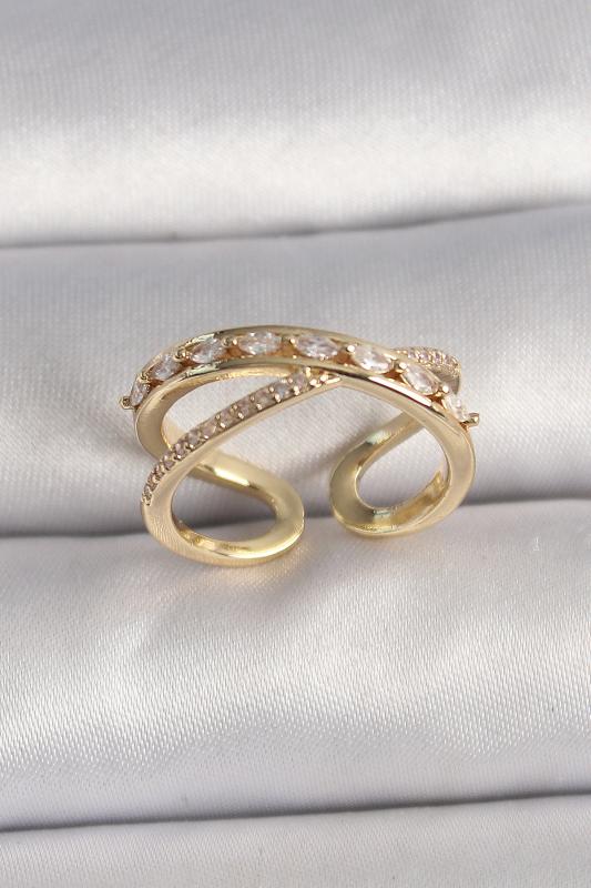 Pirinç Gold Renk Zirkon Taşlı Ayarlanabilir Kadın Yüzük