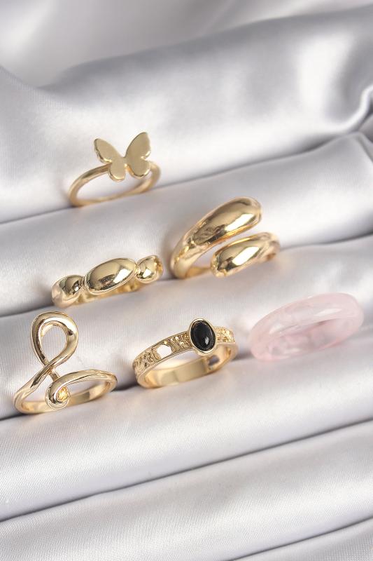 Pirinç Gold Renk Kelebek Figür Sarmal Model 6’Lı Kadın Yüzük Seti