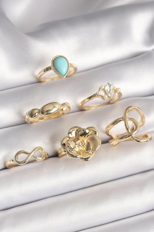 Pirinç Gold Renk Çiçek Model Model Sonsuzluk Zirkon Taş Detaylı 6’Lı Kadın Yüzük Seti