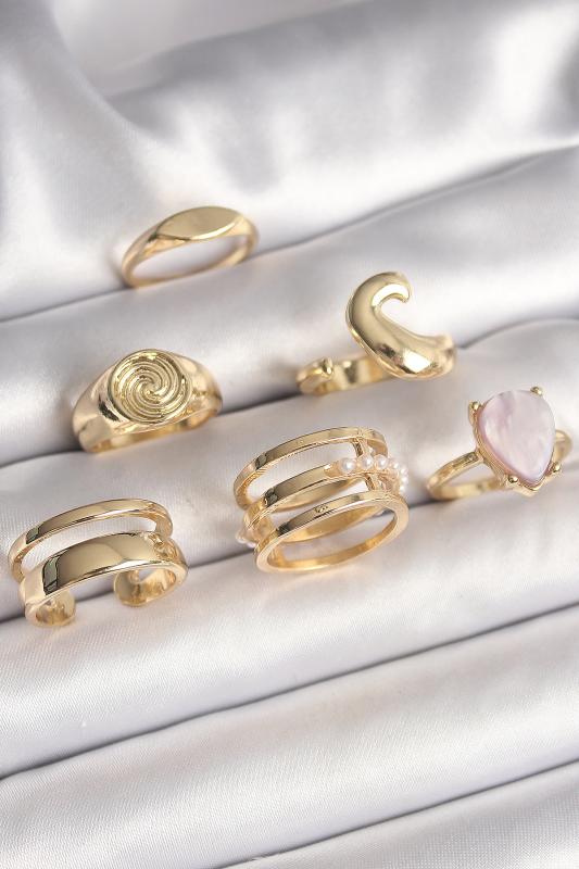 Pirinç Gold Renk Pembe Damla Mineli Sarmal İşleme Detaylı 6’Lı Kadın Yüzük Seti