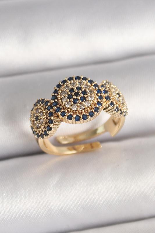 Pirinç Gold Renk Zirkon Taşlı Nazar Boncuk Model Ayarlanabilir Model Kadın Yüzük