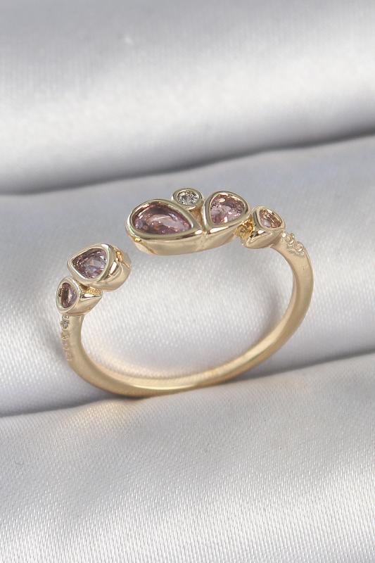 Pirinç Gold Renk Pembe Damla Zirkon Taşlı Ayarlanabilir Kadın Yüzük