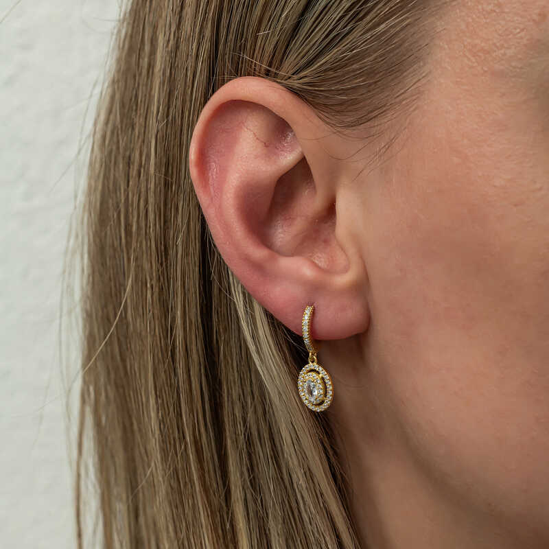 Gümüş Gold Oval Taşlı Sallantılı Küpe