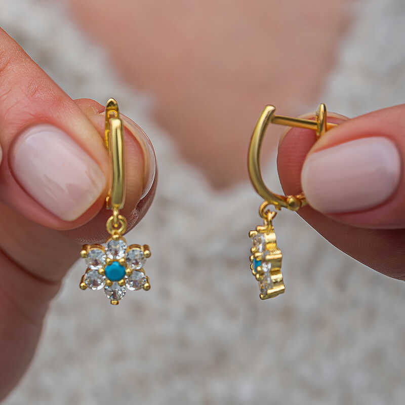 Gümüş Mavi Taşlı Gold Çiçek Kadın Küpe