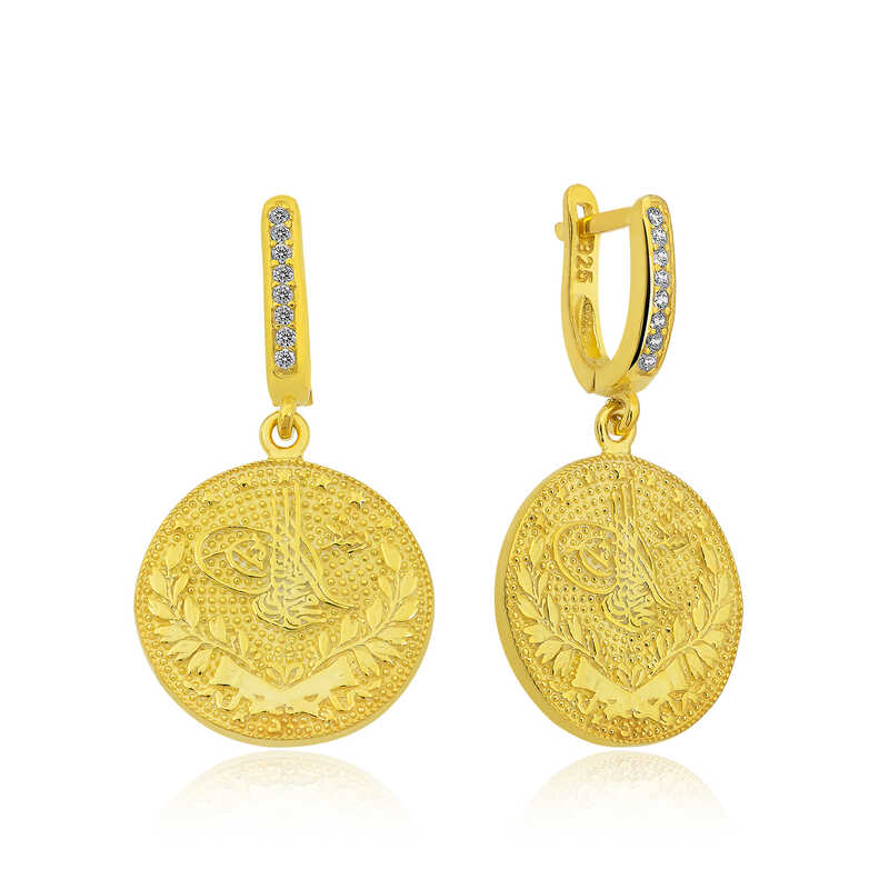 Gümüş Gold Zirkon Taşlı Madalyon Küpe