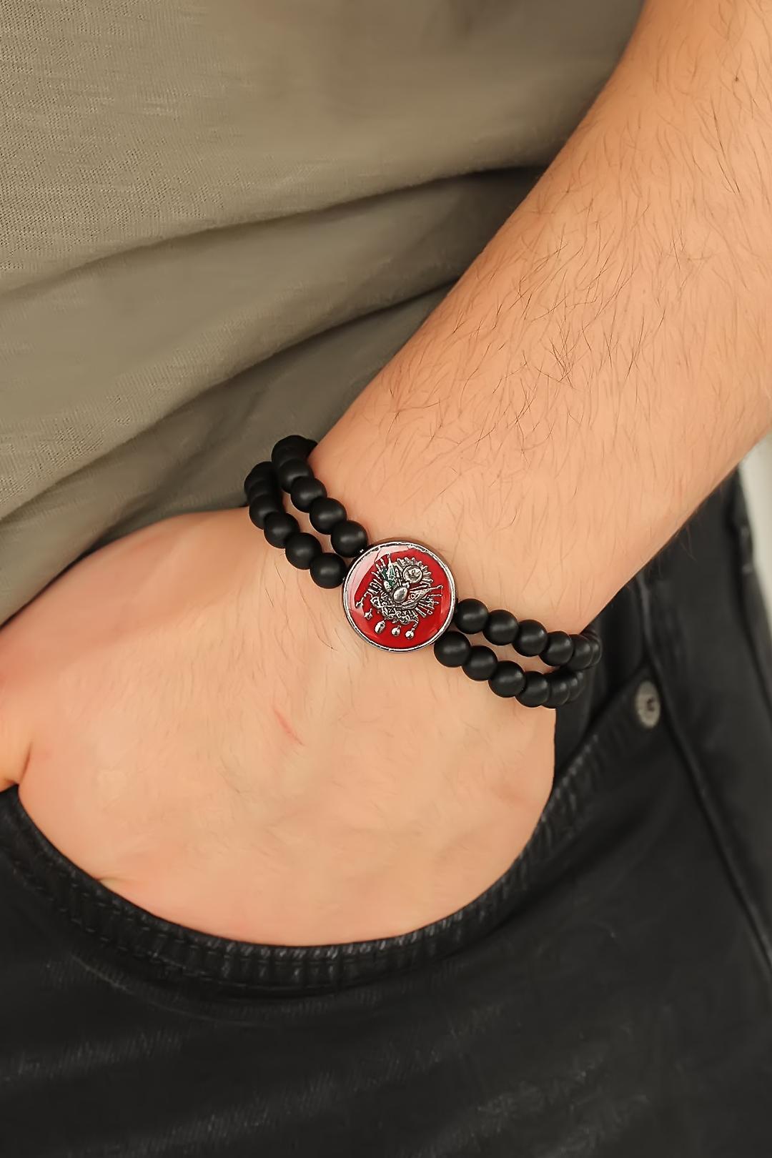 Osmanlı Tuğralı Kırmızı Metal Aksesuarlı Siyah Oniks Doğal Taş Erkek Bileklik